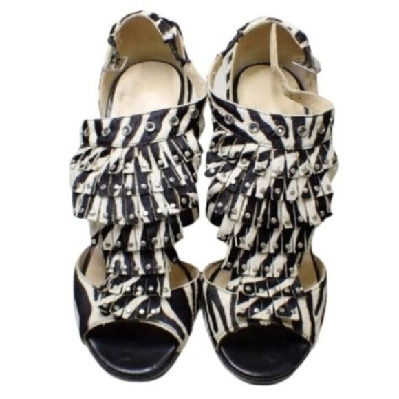 Jimmy Choo Black & White Zebra Print Mia Studs & Tassel Heels Sandals sz 37 US 7 - Picture 2 of 7